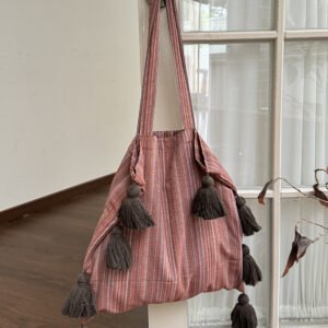 large capacity canvas tote bag niche design versatile casual bag ethnic style versatile tassel shoulder bag