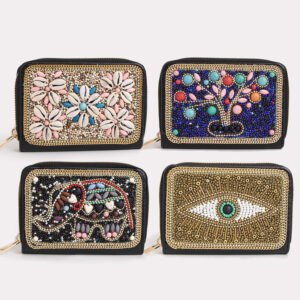 new heavy industry bohemian style rice beads butterfly flower exquisite pu zipper card holder small coin purse women's bag