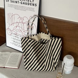 new striped canvas bag, color blocked versatile shoulder bag, large capacity fashionable shopping bag, korean women's bag