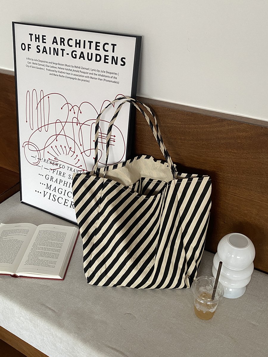 new striped canvas bag, color blocked versatile shoulder bag, large capacity fashionable shopping bag, korean women's bag new striped canvas bag, color blocked versatile shoulder bag, large capacity fashionable shopping bag, korean women's bag