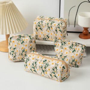 ins style large capacity canvas makeup bag, toiletry bag, skin care product storage bag, small daisy embroidery handy clutch bag