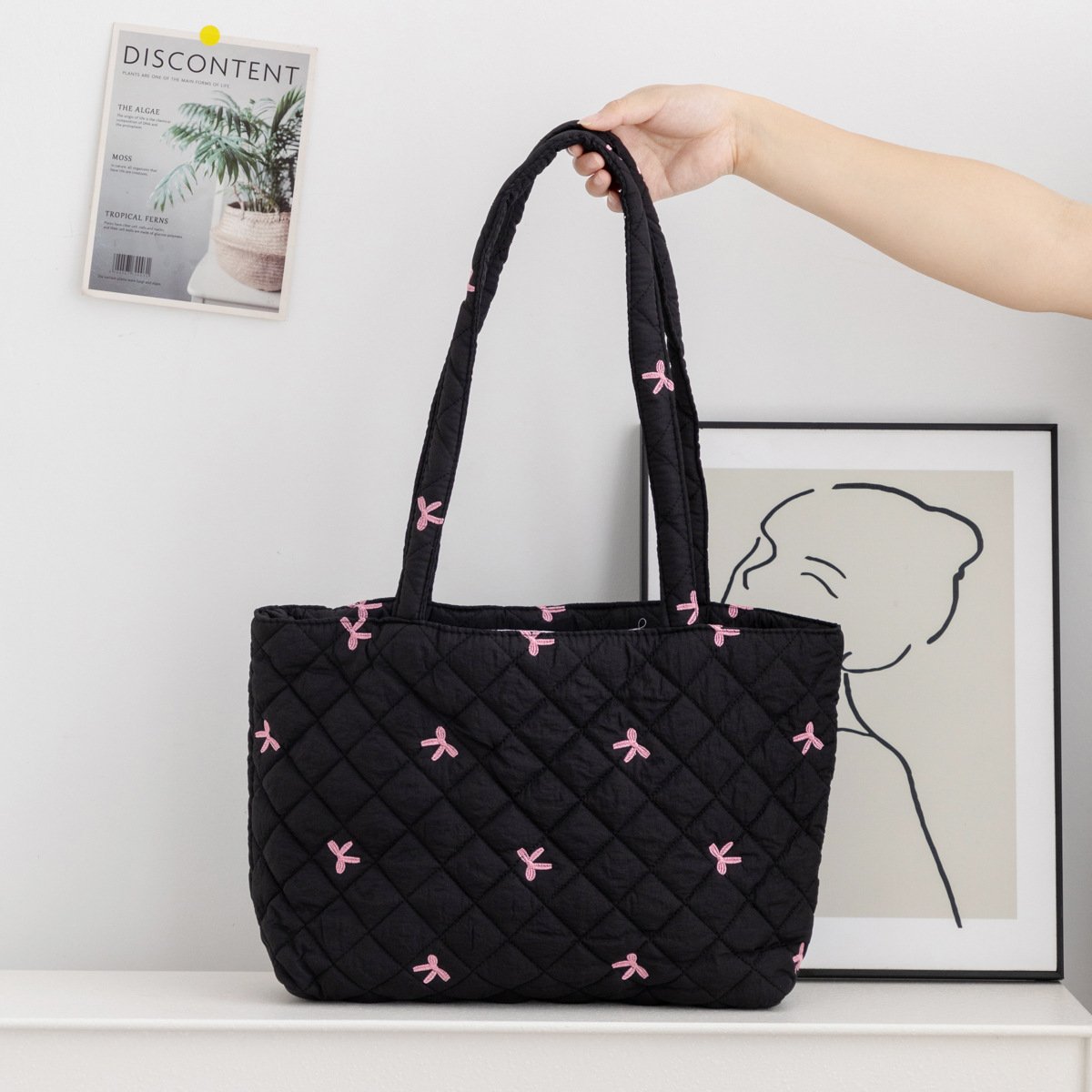 korean ins style new plaid quilted large capacity ladies' handbag, shoulder tote, bow embroidery korean ins style new plaid quilted large capacity ladies' handbag, shoulder tote, bow embroidery
