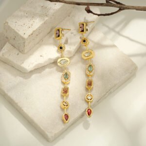 french vintage colored gemstone long tassel earrings, niche light luxury colorful zircon earrings, european and american fashionable versatile earrings