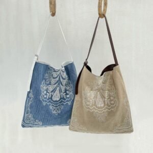 denim patchwork canvas bag embroidered ethnic style bag for women, versatile single shoulder large bag, large capacity relaxed tote bag