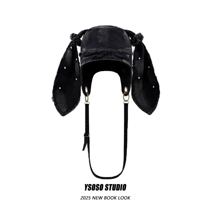 niche design washed distressed denim bag hat, women's internet celebrity style, fashionable rabbit ear frayed pullover hood niche design washed distressed denim bag hat, women's internet celebrity style, fashionable rabbit ear frayed pullover hood
