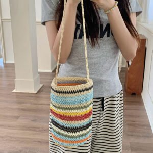 amazon bestseller: summer fashion striped straw bag bucket bag handmade woven bag seaside vacation beach bag