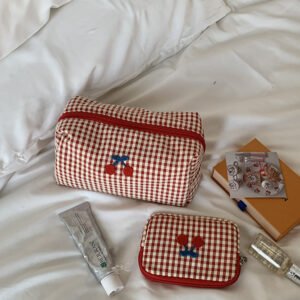 cross border source: cherry portable outing makeup bag, red plaid storage bag, card bag, large capacity makeup coin purse