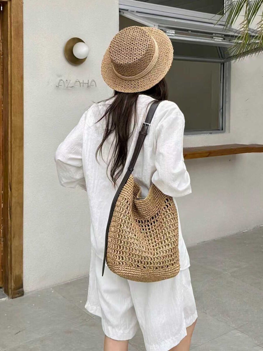 lafite woven bucket bag, cowhide single shoulder bag, women's large capacity seaside vacation style beach bag, straw woven crossbody bag lafite woven bucket bag, cowhide single shoulder bag, women's large capacity seaside vacation style beach bag, straw woven crossbody bag