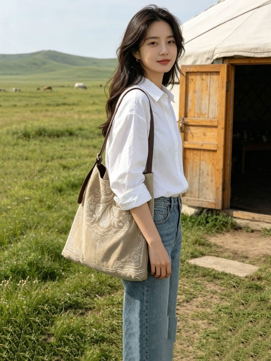 denim patchwork canvas bag embroidered ethnic style bag for women, versatile single shoulder large bag, large capacity relaxed tote bag denim patchwork canvas bag embroidered ethnic style bag for women, versatile single shoulder large bag, large capacity relaxed tote bag
