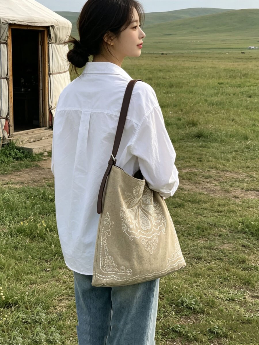 denim patchwork canvas bag embroidered ethnic style bag for women, versatile single shoulder large bag, large capacity relaxed tote bag denim patchwork canvas bag embroidered ethnic style bag for women, versatile single shoulder large bag, large capacity relaxed tote bag