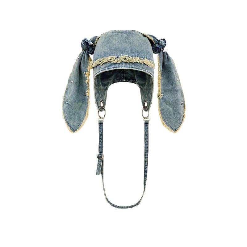 niche design washed distressed denim bag hat, women's internet celebrity style, fashionable rabbit ear frayed pullover hood niche design washed distressed denim bag hat, women's internet celebrity style, fashionable rabbit ear frayed pullover hood