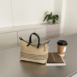vacation style grass woven hand carried small tote bag for women, 2026 new seaside beach woven bag, cowhide crossbody dumpling bag