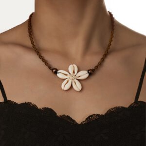 bohemian vacation style shell woven floral wooden bead cord braided adjustable women's necklace accessories wholesale