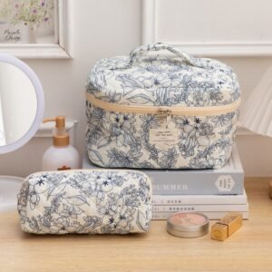portable large capacity makeup bag with small floral storage, portable quilted cute flower ins storage bag