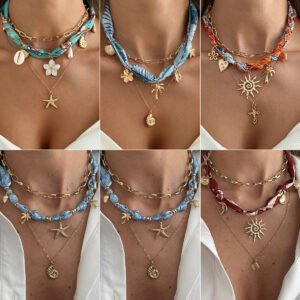 european and american cross border vacation ins: shell starfish silk scarf layered necklace, niche exotic heart flower necklace for women