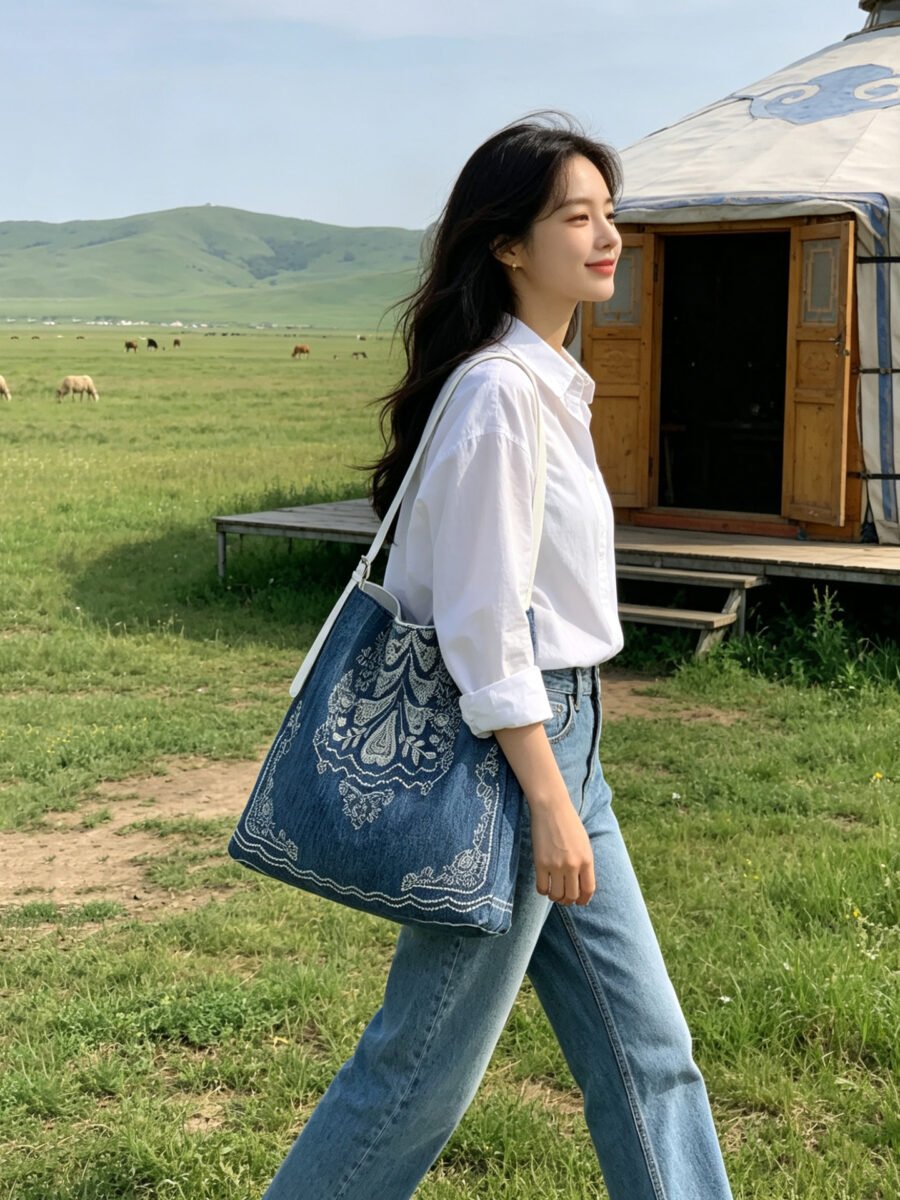 denim patchwork canvas bag embroidered ethnic style bag for women, versatile single shoulder large bag, large capacity relaxed tote bag denim patchwork canvas bag embroidered ethnic style bag for women, versatile single shoulder large bag, large capacity relaxed tote bag