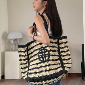 new ins style large capacity straw woven tote bag, french style seaside vacation bag, hollow handwoven bag