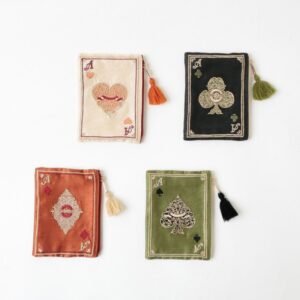 japanese hand embroidered playing card pattern makeup bag, ethnic style pocket change, card holder, retro tassel storage bag