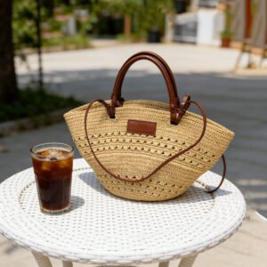 top grain cowhide patchwork with raffia woven cabbage basket handbag for women, large capacity vacation beach bag tote
