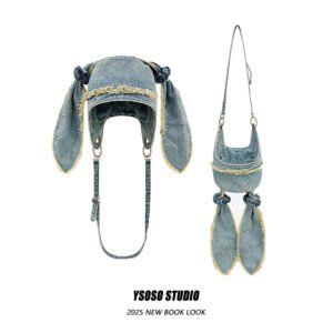 niche design washed distressed denim bag hat, women's internet celebrity style, fashionable rabbit ear frayed pullover hood