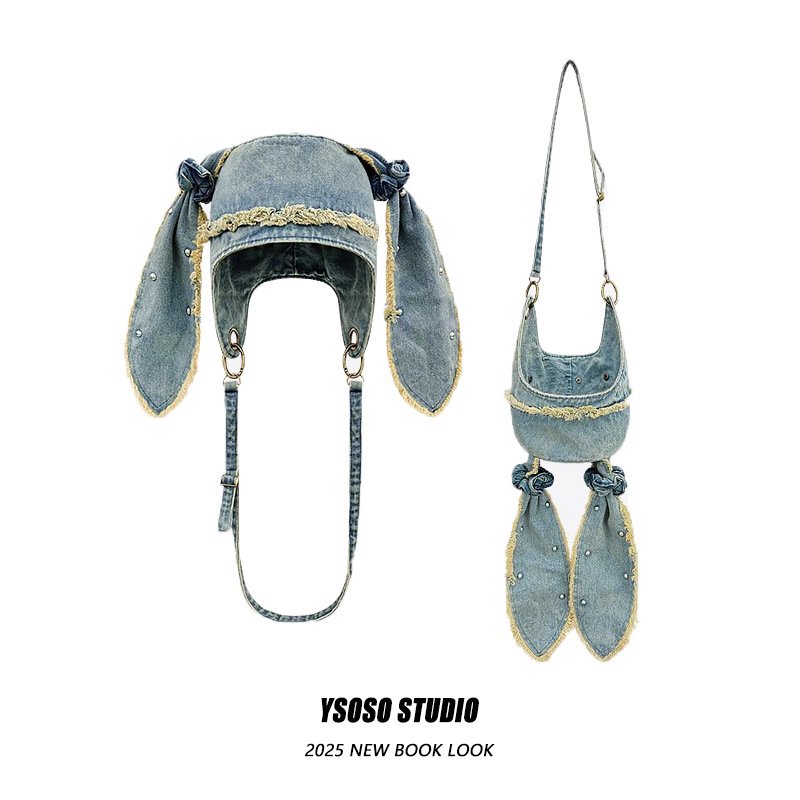 niche design washed distressed denim bag hat, women's internet celebrity style, fashionable rabbit ear frayed pullover hood niche design washed distressed denim bag hat, women's internet celebrity style, fashionable rabbit ear frayed pullover hood