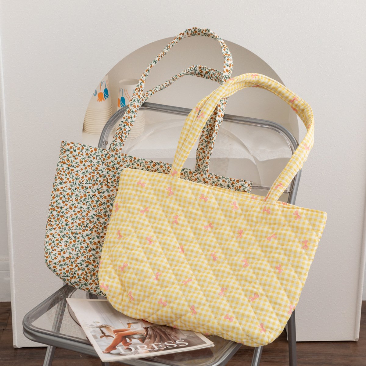korean ins style new plaid quilted large capacity ladies' handbag, shoulder tote, bow embroidery korean ins style new plaid quilted large capacity ladies' handbag, shoulder tote, bow embroidery