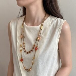 vintage double layer water drop gourd flower necklace, retro ethnic style long stacked spring outing new necklace with a premium feel