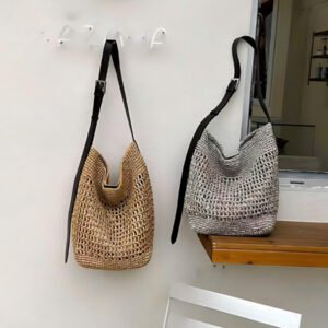 lafite woven bucket bag, cowhide single shoulder bag, women's large capacity seaside vacation style beach bag, straw woven crossbody bag