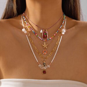 european and american niche colorful starfish oil necklace, 5 piece set, stackable square fish tag, handmade bead jewelry, in stock