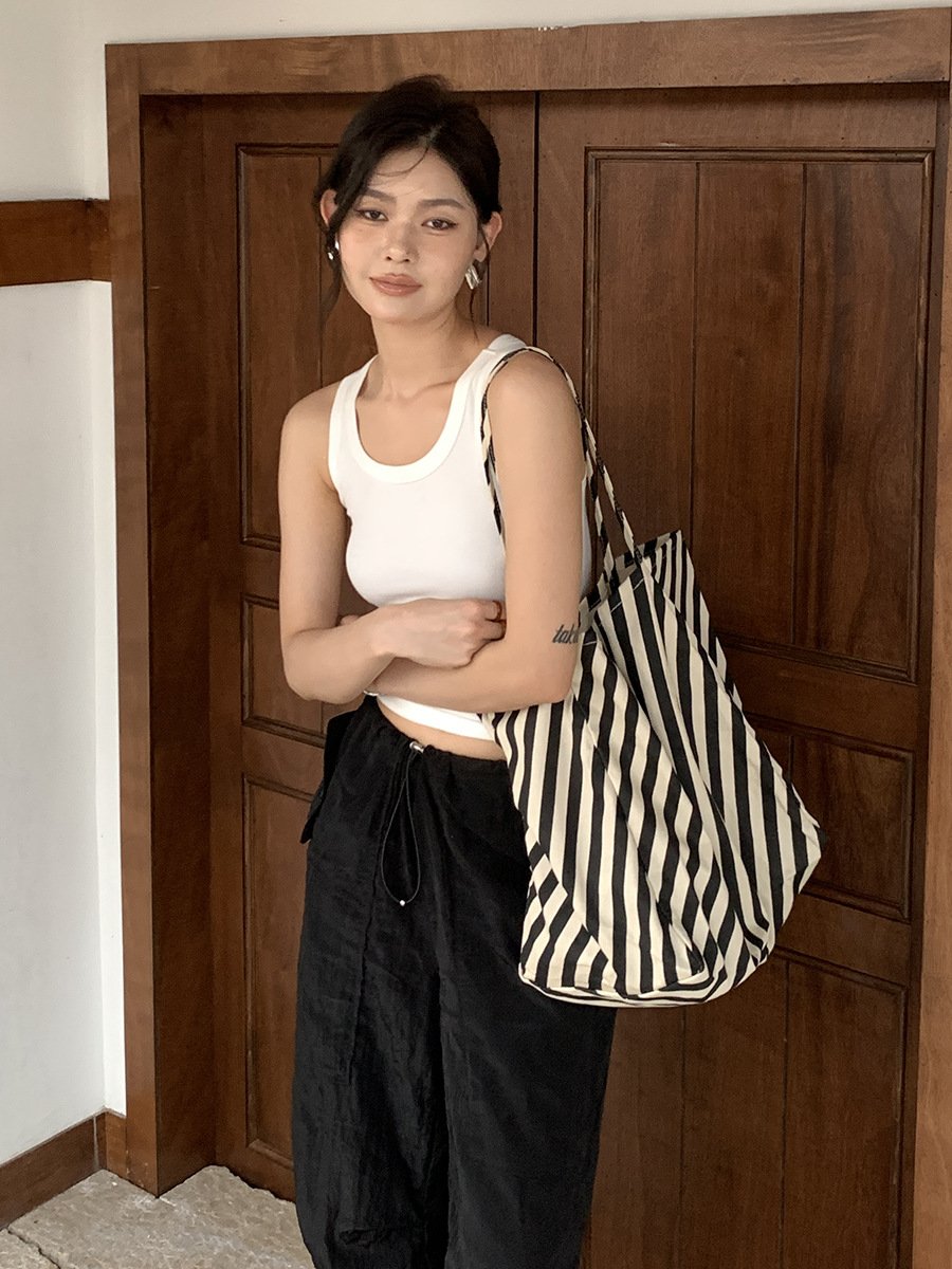 new striped canvas bag, color blocked versatile shoulder bag, large capacity fashionable shopping bag, korean women's bag new striped canvas bag, color blocked versatile shoulder bag, large capacity fashionable shopping bag, korean women's bag